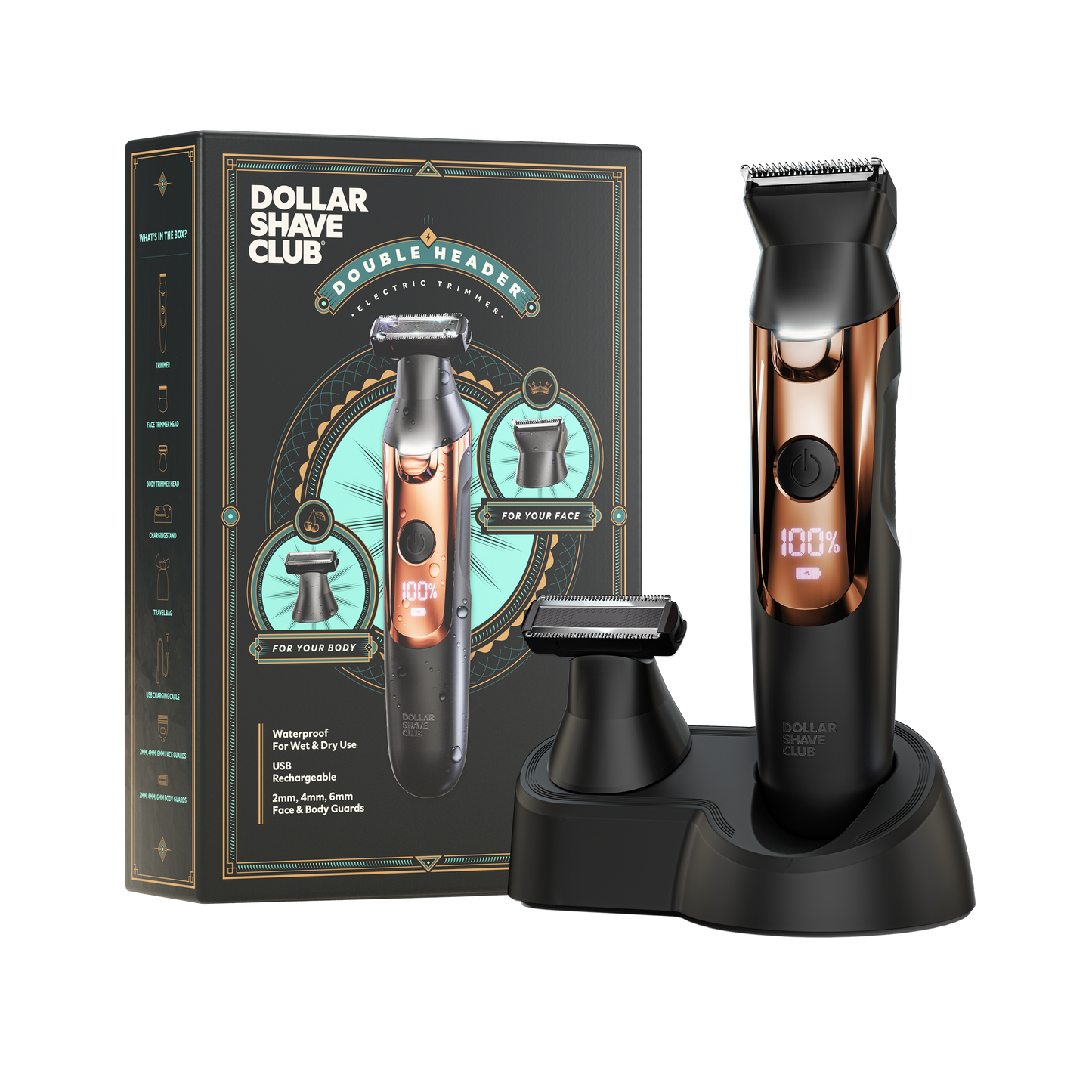 The Double Header Electric Trimmer shown on charging base in front of packaging box.