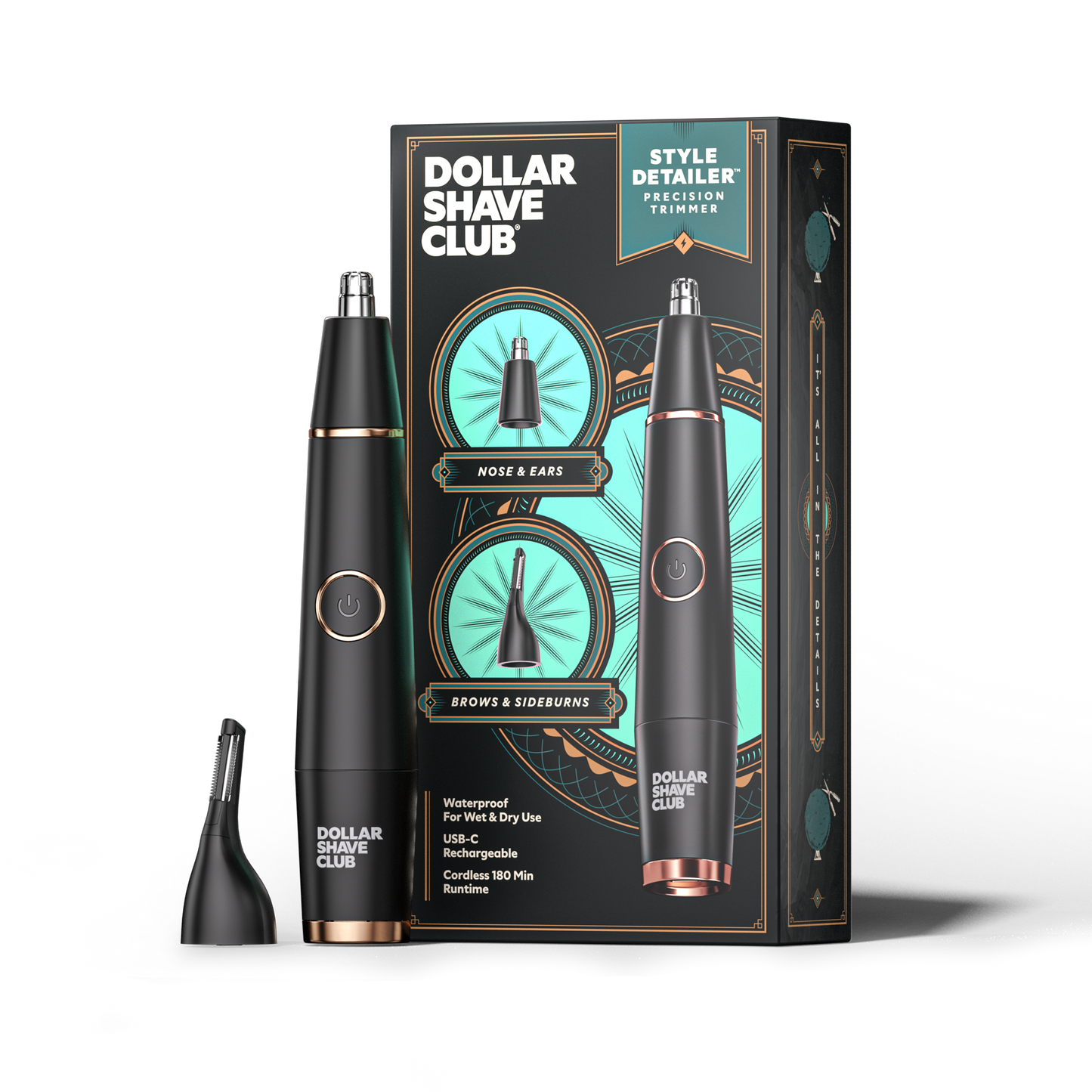 A photo of the Style Detailer with extra head next to its box on a transparent background