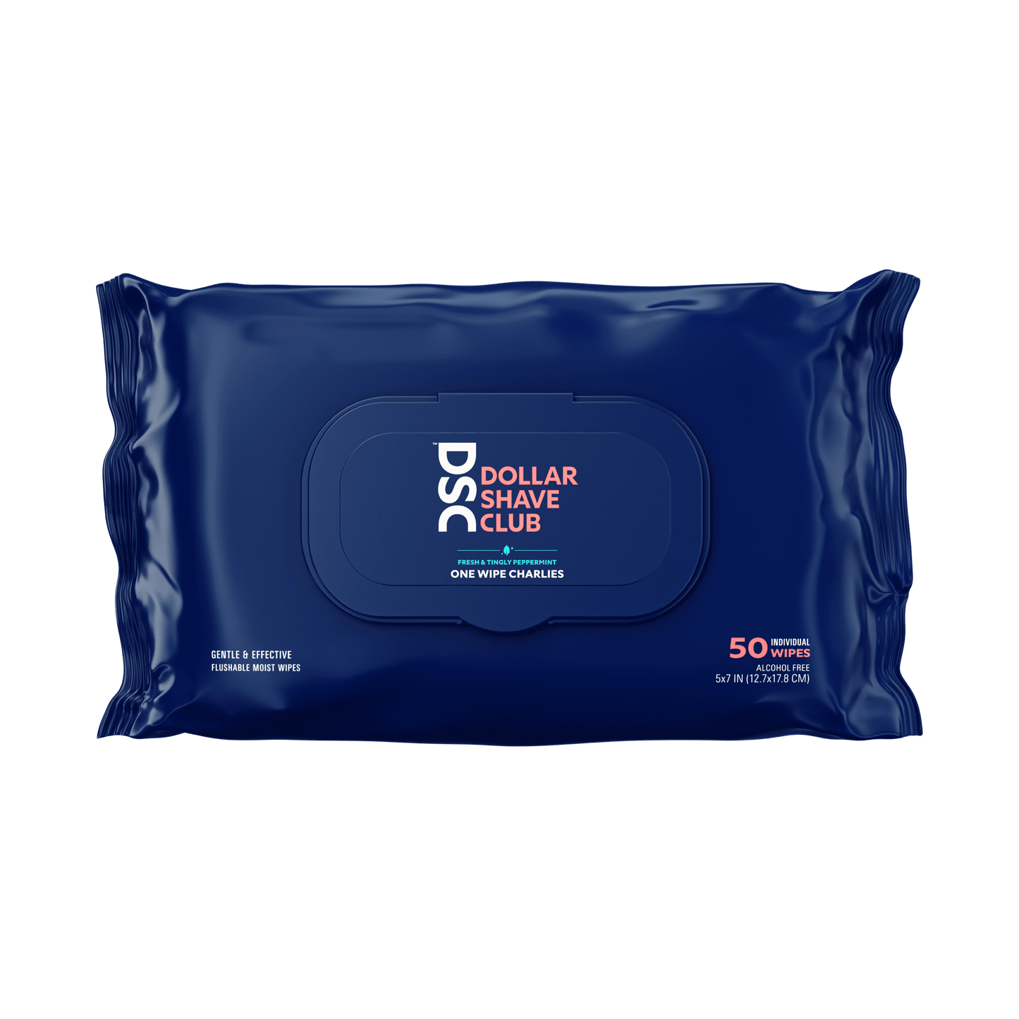 Dollar Shave Club One Wipe Charlies Butt Wipes against blank backdrop.