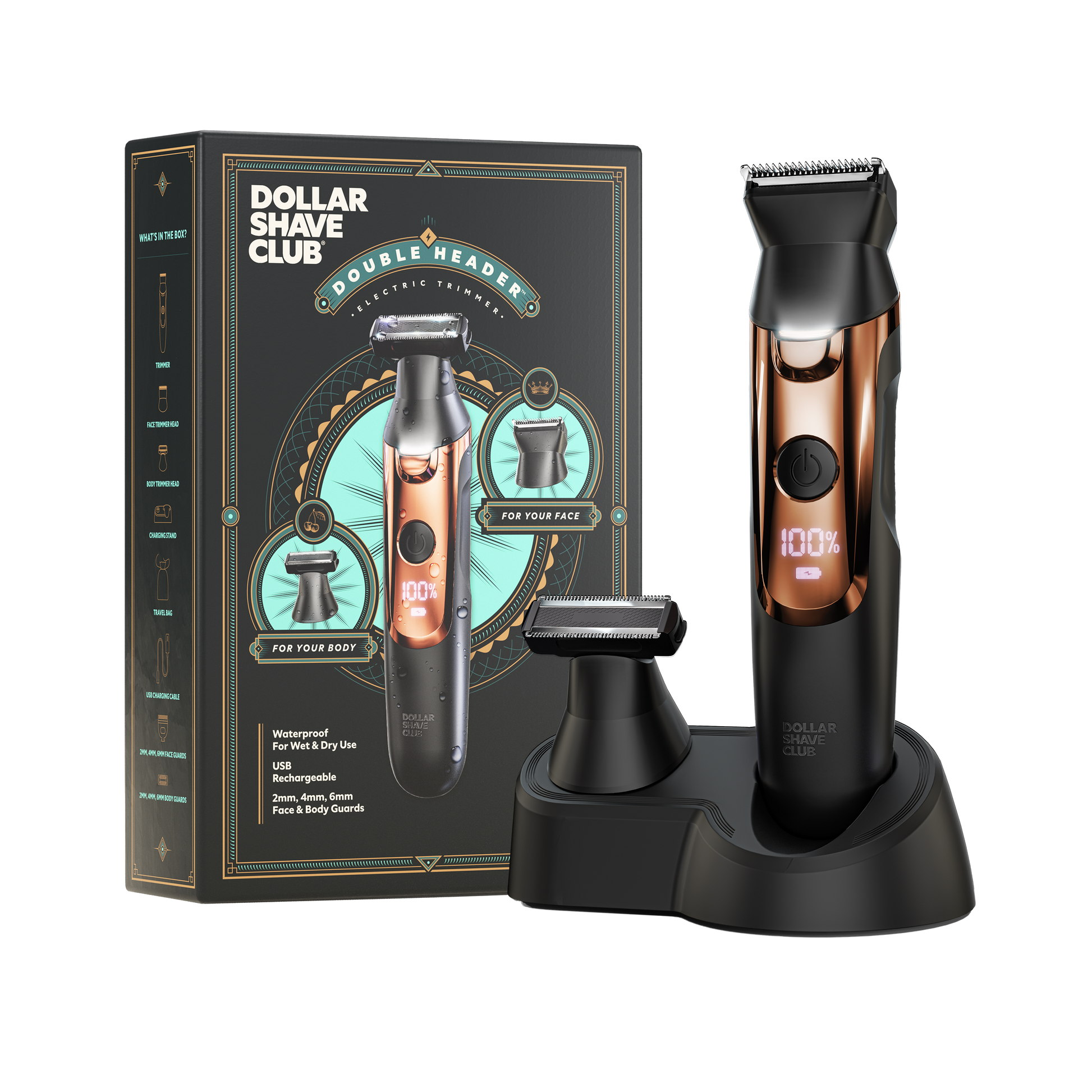 The Double Header Electric Trimmer shown on charging base in front of packaging box.